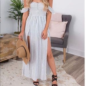 LUSH Off the shoulder, striped jumpsuit.